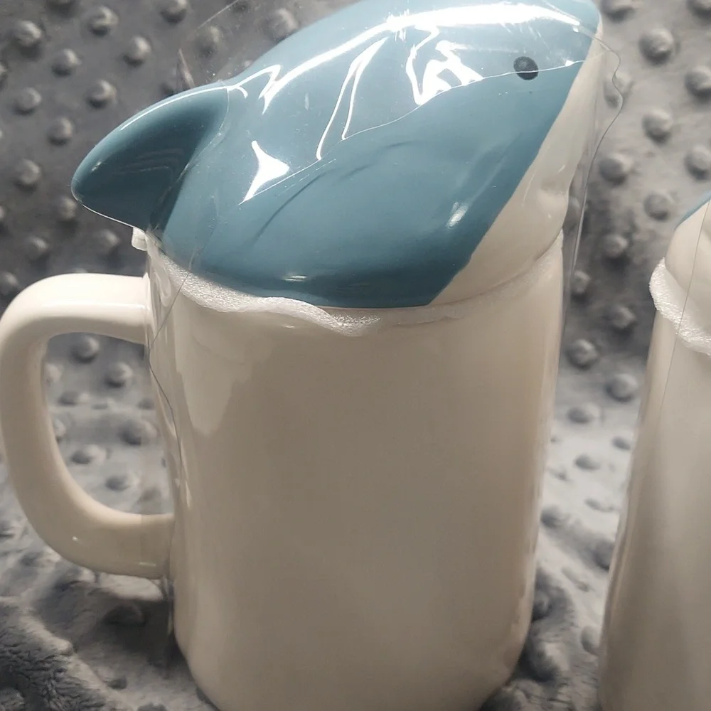 Rae Dunn White Cream Shark Top Mugs Set - Daddy Shark & Mommy Shark